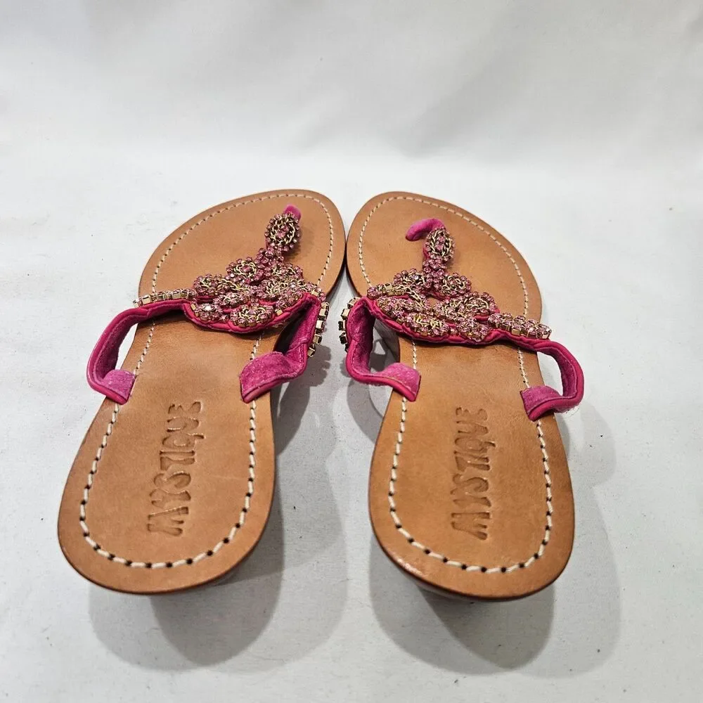 Mystique Womens Leather Jewel Wedge Flip Flops Size 8 Pink Embellished Summer